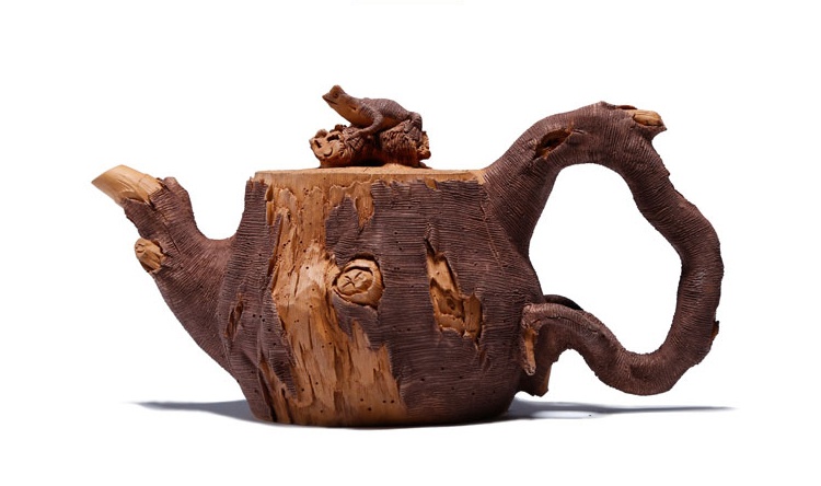 仿木外皮紫砂壺，創(chuàng)意木樁手工雕刻紫砂壺